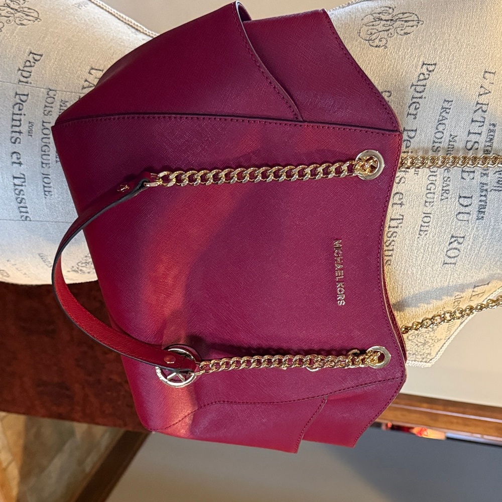 Michael Kors Wine Red Shoulder Bag with Gold Chain